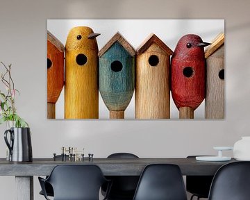 Gekleurde houten vogels en huisjes
