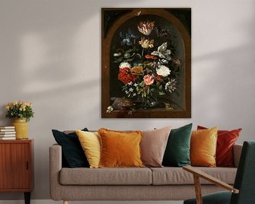 Eine Blumenvase mit einem Papagei und einem Kiebitz in einer Nische, Jacob Marrell