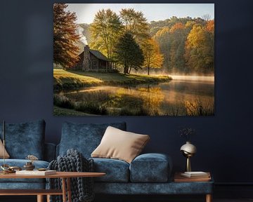 Cabin by Lake with Autumn Foliage by Markus Gann