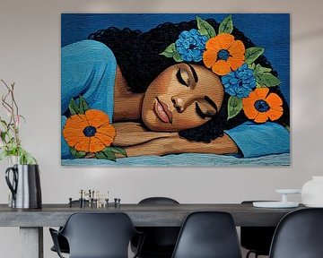 fictional woman with flowers in her sleep