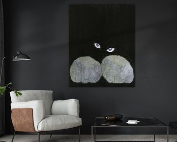 Black cat with eyes in black background by Nelleke Bruno