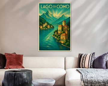 Lake Como Art Deco Landscape Wall Print by Travel Shop