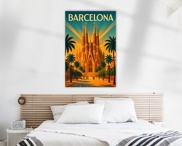 Barcelona Art Deco Poster - Impression de voyage vintage de la Sagrada Familia sur Travel Shop
