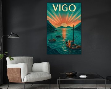 Vigo Sunset Harbor Art Deco Poster by Travel Shop
