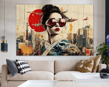 Geisha en skyline - Krachtige urban graffiti van BowiScapes abstract en digitale kunst