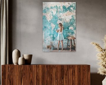 Girl at world map - Dreamy street art painting by BowiScapes abstract and digital art