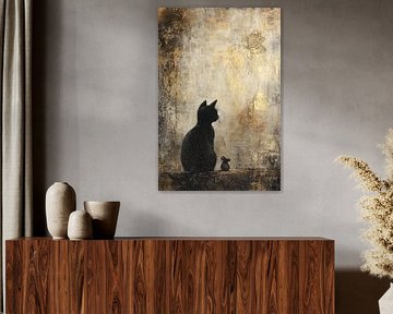 Katze und Maus in der Nähe von Schmetterlingen - Poetische Wandkunst in der Stadt