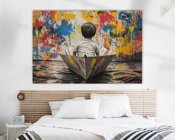 Boy in paper boat - Playful urban street art by BowiScapes abstract and digital art