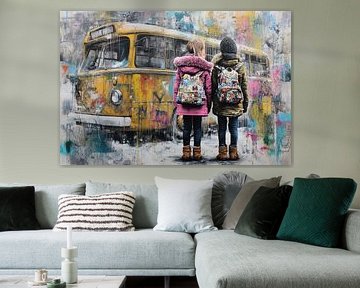Zwei Mädchen im Bus - Nostalgische Straßenkunst
