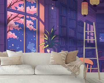 Anime Bibliotheek Japan Lofi Stijl Kersenbloesem Sakura