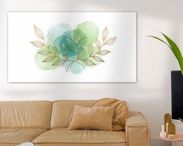 Golden Leaf Line Art mit grünem Aquarell-Hintergrund