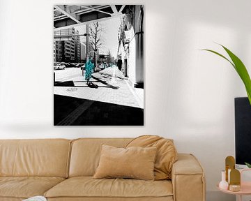 Silent Riders: Surreal Street Photography in Tokyo – Black and White Cityscape with Blue Doodle Figures by unclearviews