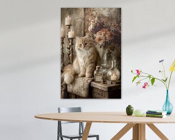 Cat with flowers and candles - Romantic painting by Joriali photography and paintings