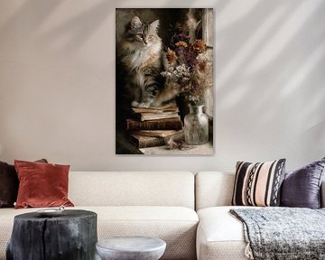 Cat with books and flowers - Poetic painting by Joriali photography and paintings