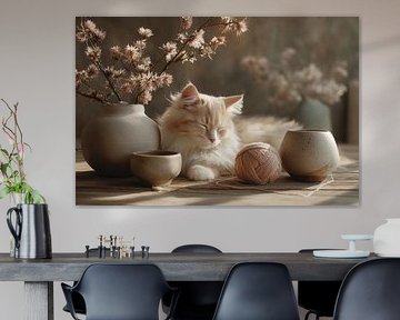 Sleeping cat with ceramics and flowers - Dreamy painting by Joriali photography and paintings