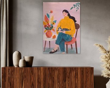 Vrouw met Kat en Herfstboeket van Caroline Bonne Müller