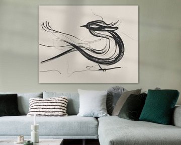 Minimal art - abstract artwork with black lines on beige background - bird