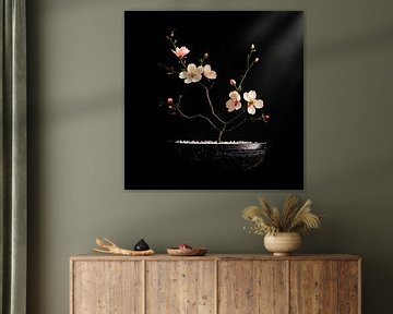 Atmospheric Japandi still life with almond blossom branch by Studio Pieternel