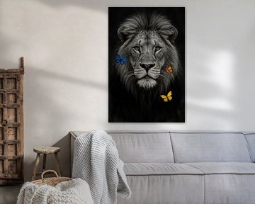 Lion in balance - grey and white with colourful butterflies by Kleurenrijk