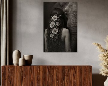 Elephant & woman in harmony - black & white close-up with floral detail by Kleurenrijk