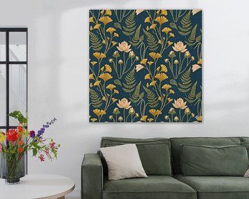 Naadloos Patroon Geel Bloemig - Elegant Botanisch op Donkergroen