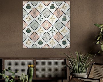 Naadloos patroon pastel bos - uil, vos & hert Geometrisch ontwerp
