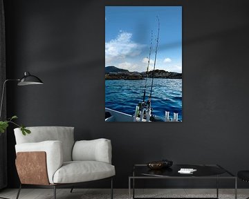 Fishing rod in front of the West Cape in the Norwegian fjord landscape. Scandinavia by Martin Köbsch