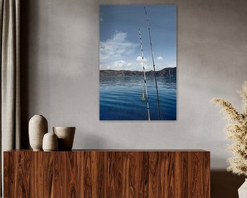 Fishing rod in front of the West Cape in the Norwegian fjord landscape. Scandinavia by Martin Köbsch