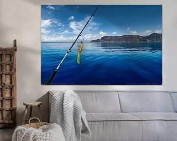 Fishing rod in front of the West Cape in the Norwegian fjord landscape. Scandinavia by Martin Köbsch