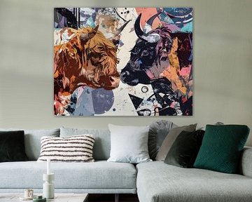 Bruine en zwarte koe street art stijl van Emiel de Lange