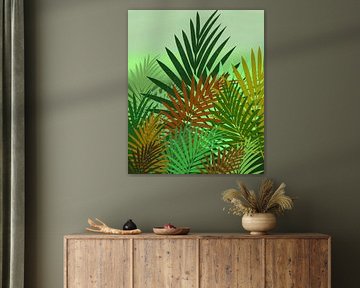 Botanical Digital Art - Feuilles vertes et dorées dans le style Urban Jungle