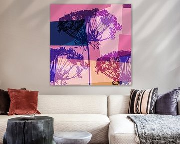 Contemporary botanical with  geometric shapes  in violet, pink, blue by Dina Dankers