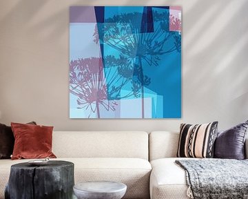 Colorful botanical art with geometric shapes in blue and pink by Dina Dankers