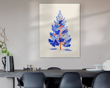 Minimalistische kerstboom illustratie in blauw en oranje van But First Framing