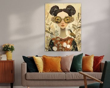 Elegant portrait of woman with gold glasses and songbird among leaves