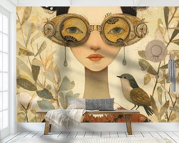 Elegantes Porträt einer Frau mit goldener Brille und Singvogel inmitten von Blättern