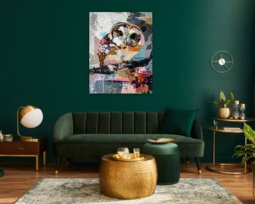 Velduil op een tak - werk met veel textuur en kleur