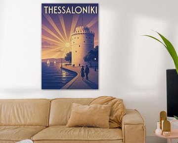 Affiche Art Déco Thessaloníki - Tour blanche au bord de la mer sur Travel Shop