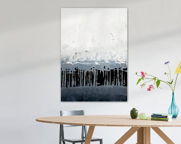 Abstract schilderij in wit, grijs, zwart en blauw