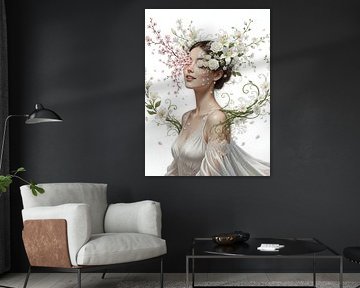 Elegante Vrouw met Bloesems - Witte Jurk Fantasie Kunst