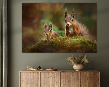 Red squirrels in the forest - Poetic painting by Joriali photography and paintings