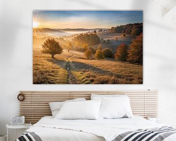 Herfstlandschap met bomen, pad, mist en zonsopgang