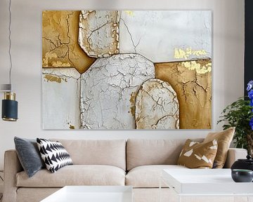 Gestructureerd abstract schilderij met wit, goud en barsten