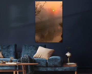 knotwilgen in de mist aan een waterkant met opkomende zon van Margriet Hulsker