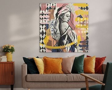 Portret vrouw in grijs roze oker zwart en beige
