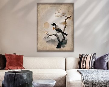 Japanese landscape with Japanese bird on tree branch by Studio Pieternel