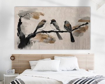 Sumi-e painting: Three Birds on a Branch by Studio Pieternel