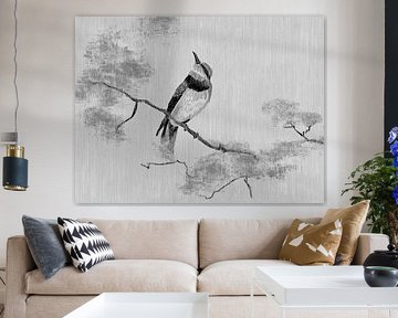 Elegante Japanse vogel op tak in Sumi-e Stijl - Warme grijstinten