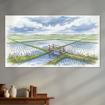 Hölzerne Brücke über Reisfelder