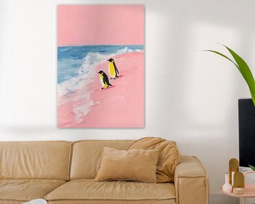 Minimalistische Pinguine auf rosa Strand